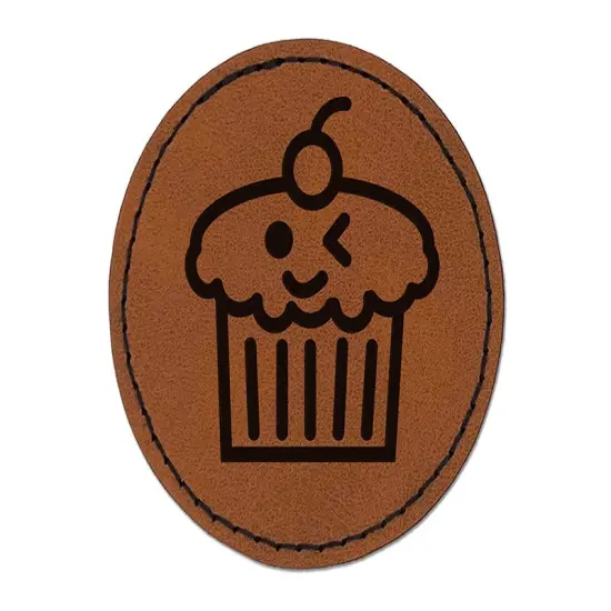 Cute Cupcake Kawaii Outline Round Iron-On Engraved Faux Leather Patch Applique - 2.5" Brown {1}