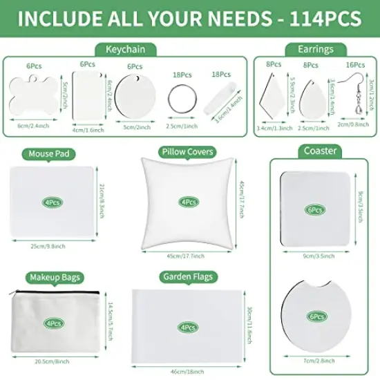 114Pcs Sublimation Blanks Products, Sublimation Blanks Set Including DIY Blank Makeup Bag, Keychain, Earring, Pillow Cover, Mouse Pad, Coaster Garden Flag for Sublimation Heat Transfer Christmas Craft {4}