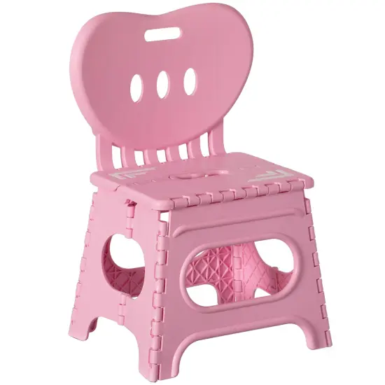 Plastic Foldable Step Stool with Back Support, Heart Shaped Backrest, Portable Chair with Handle, Kids Stepping Stool and Bathroom Stool, Collapsible Step Stool Pink {1}