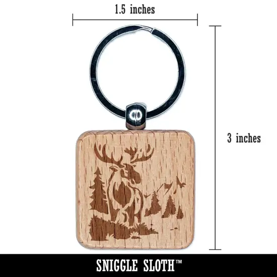Wild Moose in Rocky Mountains Nature Engraved Wood Square Keychain Tag Charm {2}