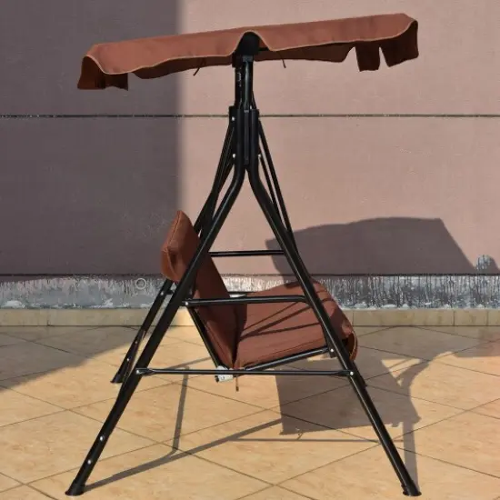2-Seat Outdoor Swing Chair with Canopy, Cushions, Steel Frame, 440 lbs Capacity Coffee {3}