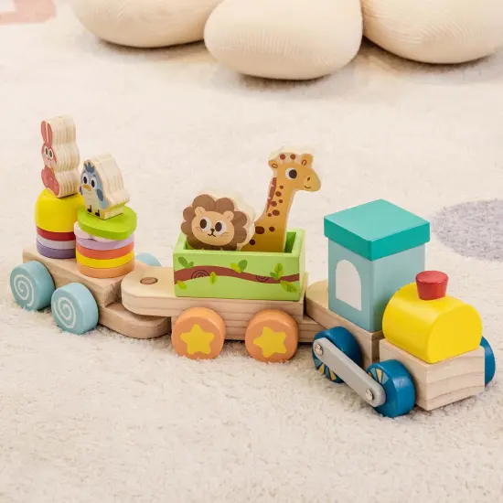 Costway Wooden Stackable Train Set Kids Educational Fun Cars with Animal Toys & Locomotive {5}