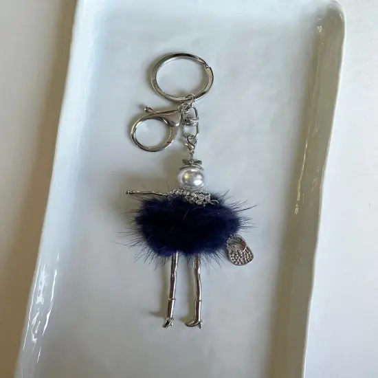 Wrapables Hanging Fashionista Doll Keychain, Crystal Rhinestone Keyring Bag Charm, Navy Pom Pom {3}