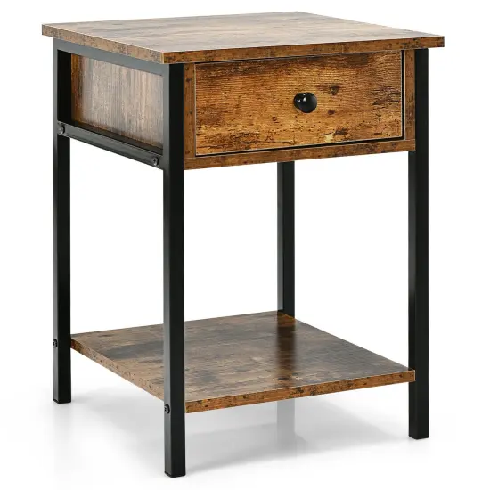 Industrial End Side Table Nightstand with Drawer Shelf-Rustic Brown {2}