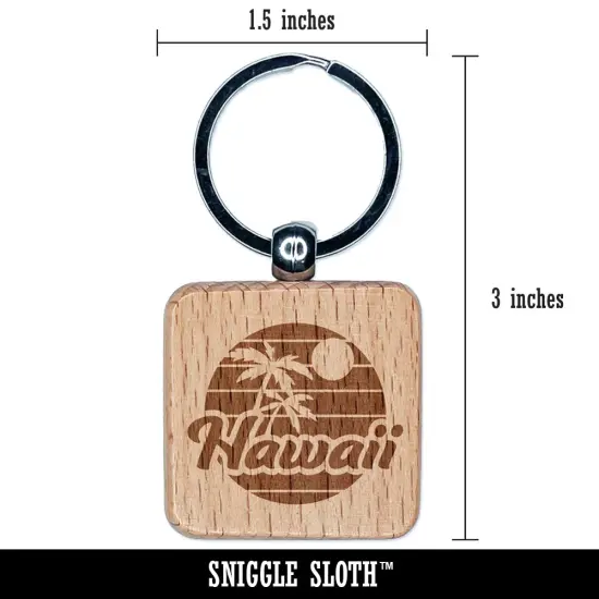 Hawaii Sunset Text with Palm Trees Engraved Wood Square Keychain Tag Charm {2}