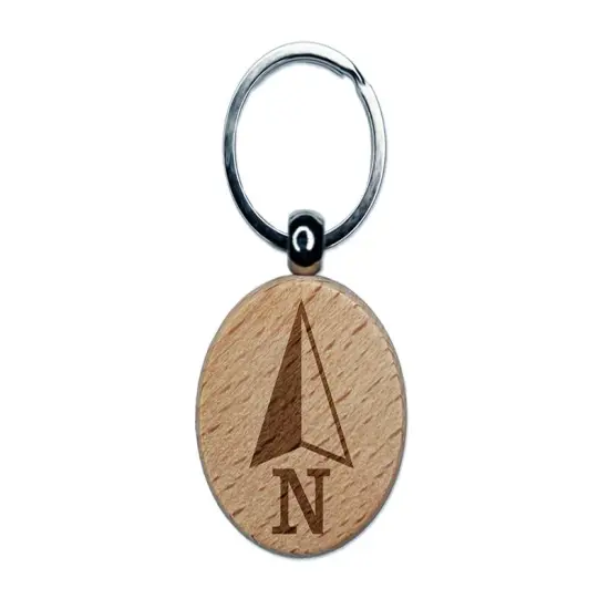 Compass Arrow Direction Due North Engraved Wood Round Keychain Tag Charm {1}