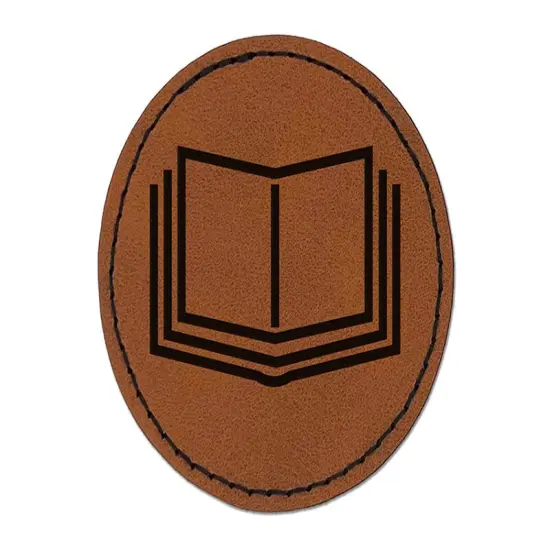 Open Book Reading Symbol Round Iron-On Engraved Faux Leather Patch Applique - 2.5" Brown {1}