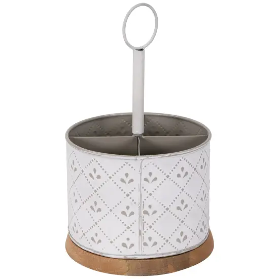 Northlight 7" White Round Embossed Utensil Caddy with Wooden Base {6}