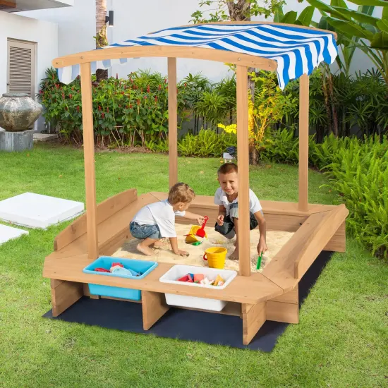 Kids Wooden Sandbox with Striped Canopy {2}