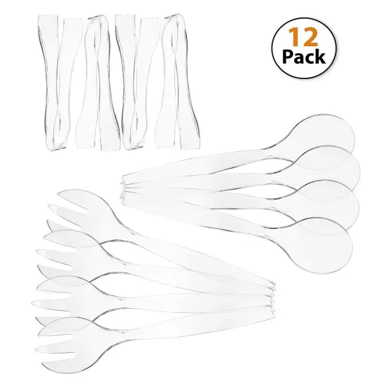 12 Pieces- Heavy Duty Disposable Plastic Serving Utensils, Four 10&rdquo; Spoons and Forks, Four 6-1/2&rdquo; Tongs,Clear {1}