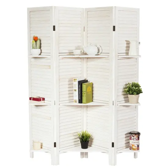 4 Panel Folding Room Divider Screen with 3 Display Shelves White {3}