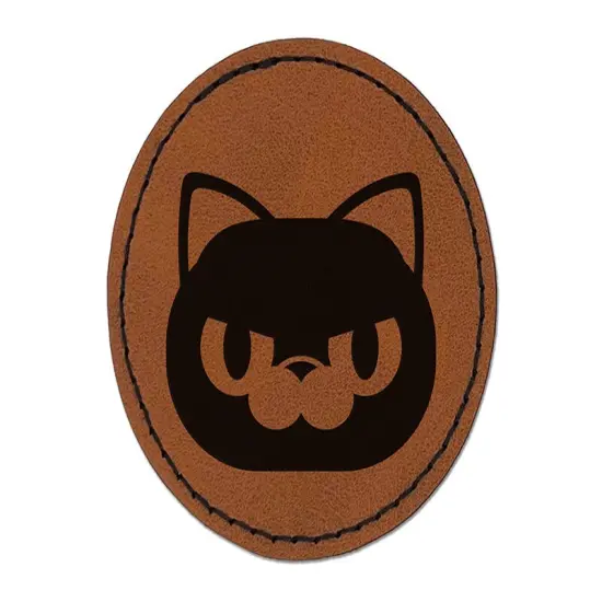 Round Cat Face Angry Round Iron-On Engraved Faux Leather Patch Applique - 2.5" Brown {1}