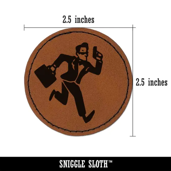 Spy Secret Agent with Briefcase Round Iron-On Engraved Faux Leather Patch Applique - 2.5" Brown {2}