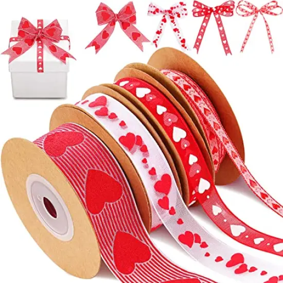 4 Rolls Valentine's Day Wired Ribbon Heart Wired Edge Ribbon Printed Heart Ribbon Polyester Wrapping Ribbon for DIY Craft Wrapping Wedding Valentine's Day Decoration, 11 Yards, 5.5 Yards {1}