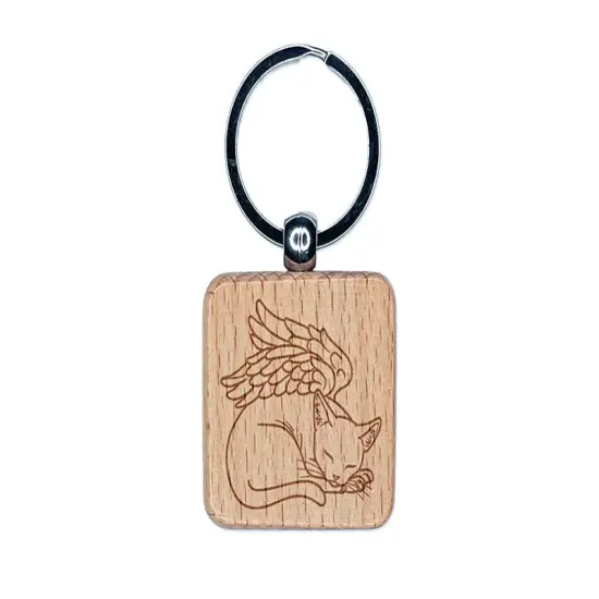 Sleeping Angel Cat Loss of Pet Engraved Wood Square Keychain Tag Charm {1}