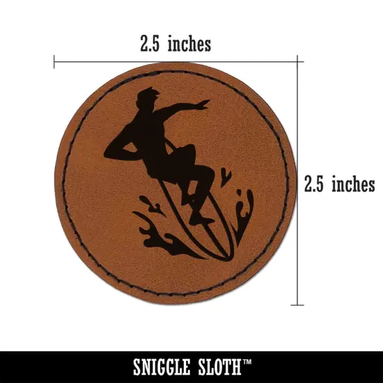 Surfer Surfing Man Silhouette Round Iron-On Engraved Faux Leather Patch Applique - 2.5" Brown {3}