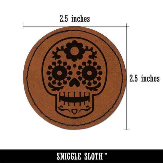 Happy Floral Sugar Skull Dia De Los Muertos Round Iron-On Engraved Faux Leather Patch Applique - 2.5" Brown {3}