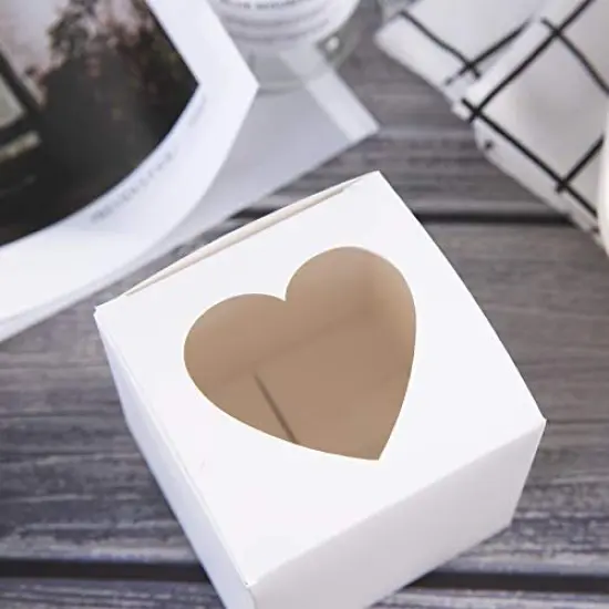 25 Pack 3" Mini Single Favor White Cupcake Boxes with Heart Shape Window without Handle,Small Cupcake Box Carrier Individual Containers 3X3X3inch {6}