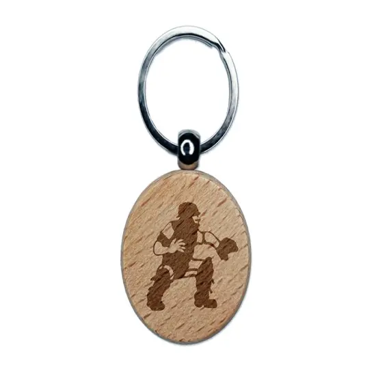 Baseball Player Catcher with Mitt Engraved Wood Round Keychain Tag Charm {1}
