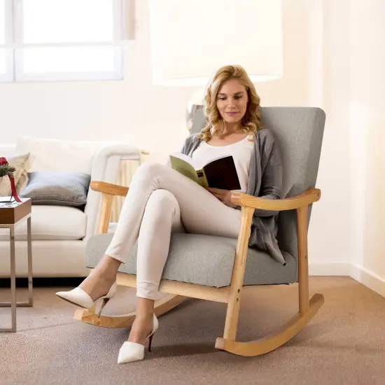 Upholstered Rocking Chair with Pillow and Rubber Wood Frame-Gray {2}