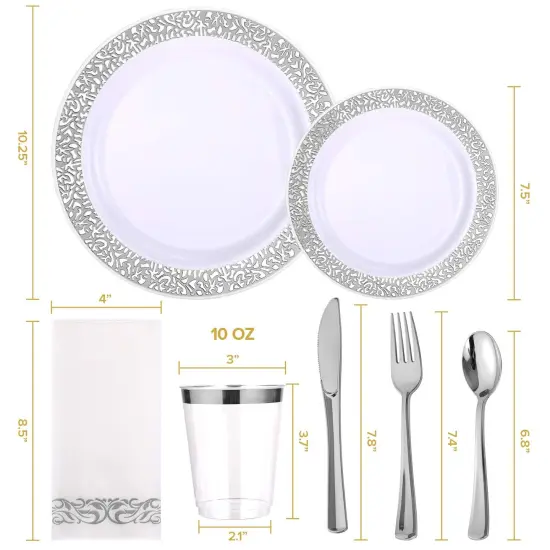 175 Pieces Silver Dinnerware Set 25 Guest-50 Silver Lace Plastic Plates-25 Silver Plastic Silverware-25 Silver Plastic Cups-25 Silver Paper Napkins, FOCUSLINE Disposable Dinnerware Set {1}