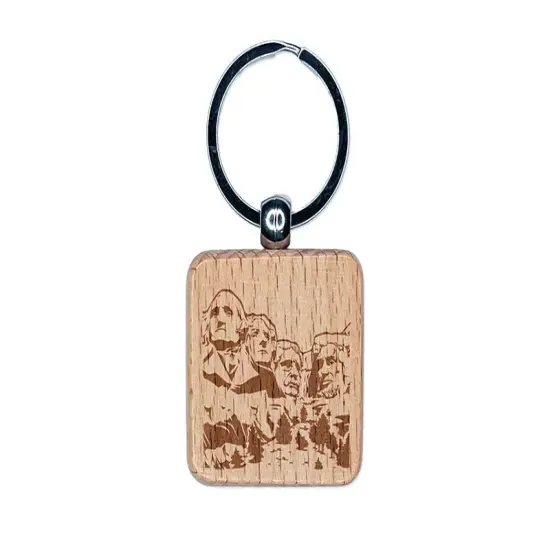 Mount Rushmore National Memorial Landmark US Presidents Engraved Wood Square Keychain Tag Charm {1}