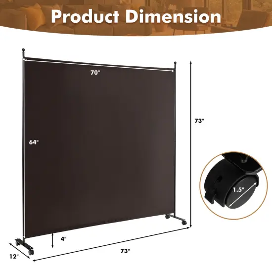 6 Feet Single Panel Rolling Room Divider with Smooth Wheels Brown {5}