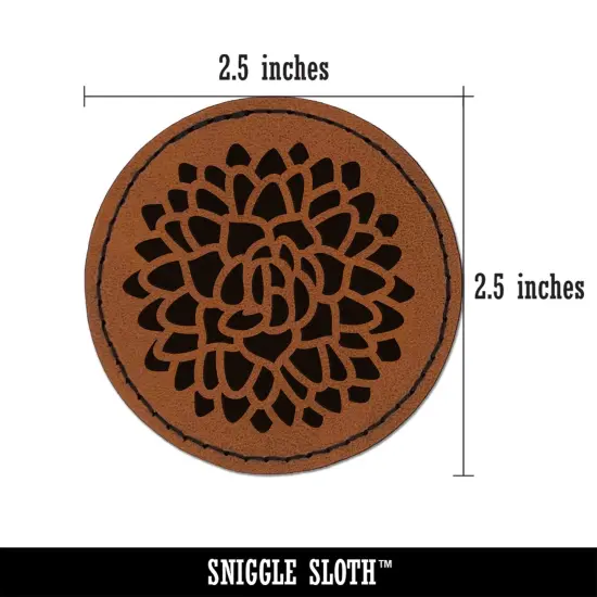 Beautiful Dahlia Flower Round Iron-On Engraved Faux Leather Patch Applique - 2.5" Brown {3}