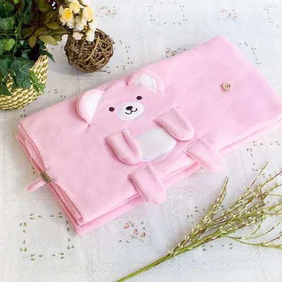 Happy Bear Embroidered Applique Coral Fleece Baby Throw Blanket Pink {2}
