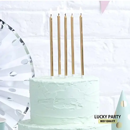 24 Pieces Birthday Party Long Thin Cake Candles Metallic Birthday Candles in Holders for Birthday Cakes Decorations, Champagne Gold by Lucky Party {5}