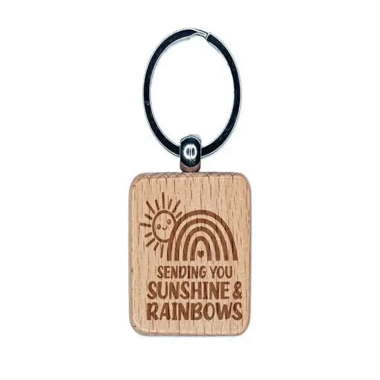 Sending You Sunshine and Rainbows Engraved Wood Square Keychain Tag Charm {1}