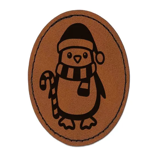 Christmas Penguin with Candy Cane Round Iron-On Engraved Faux Leather Patch Applique - 2.5" Brown {1}
