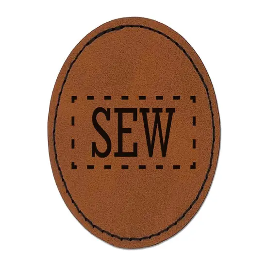 Sew Sewing Fun Text Round Iron-On Engraved Faux Leather Patch Applique - 2.5" Brown {1}