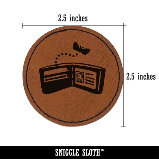 Empty Wallet Billfold Broke Round Iron-On Engraved Faux Leather Patch Applique - 2.5" Brown {3}