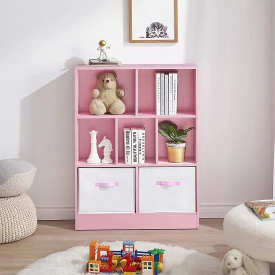 Storage Bookcase with Fabric Drawer, Modern Display Toy Cabinet. Pink {4}