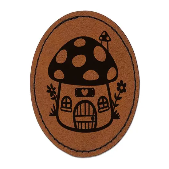 Cute Mushroom Gnome Home Round Iron-On Engraved Faux Leather Patch Applique - 2.5" Brown {1}