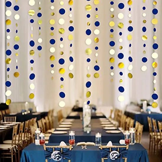 4 Set of Royal blue gold - 46 Ft Navy Blue and Gold Circle Dots Garland Royal Blue Hanging Paper Polka Dot Streamer for Birthday Wedding Bridal Baby Shower Graduations Nautical Ahoy Achor Pirate Theme Party Decorations Supplies {2}