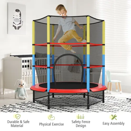 55 Inches Kids Trampoline Recreational Bounce Jumper with Safety Enclosure Net {2}