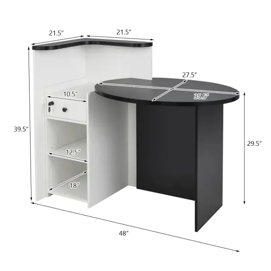 Front Reception Office Desk with Open Shelf and Lockable Drawer-Black & White {5}