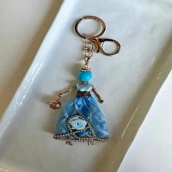 Wrapables Hanging Fashionista Doll Keychain, Crystal Rhinestone Keyring Bag Charm, Blue Rose {3}