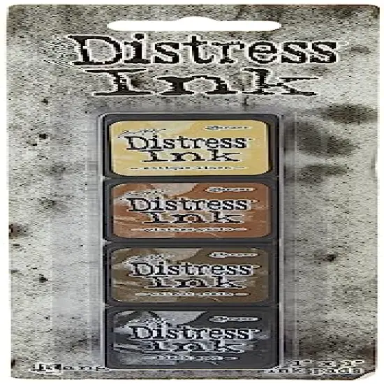 4 Pieces Ranger THoltz Ink Set 3 Tim Holtz Distress InkSet, Mini (Four 1x1 inch Pads), Antique Linen, Vintage Photo, Walnut Stain, and Black Soot, {4}