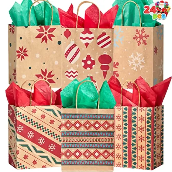JOYIN 24 Christmas Kraft Gift Bags for Holiday Paper Gift Bags, Christmas Goody Bags, Xmas Gift Bags, Classrooms and Party Favors (9 x 7.3 x 3.3 ") {3}