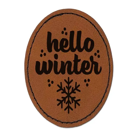Hello Winter Round Iron-On Engraved Faux Leather Patch Applique - 2.5" Brown {1}