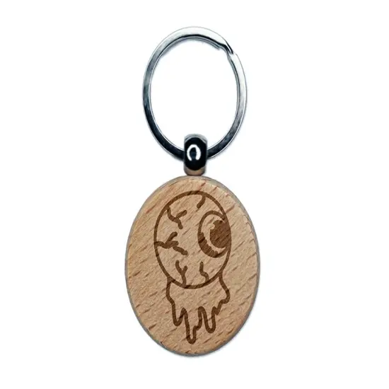 Oozing Eyeball Halloween Engraved Wood Round Keychain Tag Charm {1}