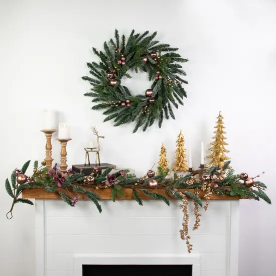 Northlight Ball Ornaments Artificial Christmas Wreath - 28" -Rose Gold - Unlit Green {4}