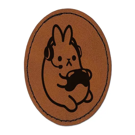 Geek Gamer Bunny Rabbit Playing Console Games Round Iron-On Engraved Faux Leather Patch Applique - 2.5" Brown {1}