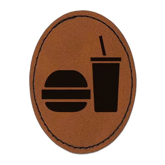 Hamburger and Soda Food Drink Icon Round Iron-On Engraved Faux Leather Patch Applique - 2.5" Brown {1}
