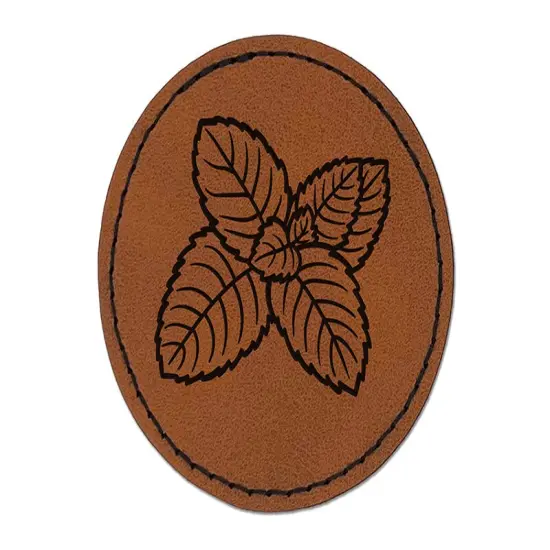 Mint Herb Plant Round Iron-On Engraved Faux Leather Patch Applique - 2.5" Brown {1}