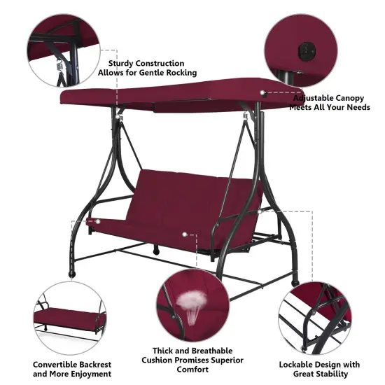 3 Seats Converting Outdoor Swing Canopy Hammock with Adjustable Tilt Canopy Dark Red {5}