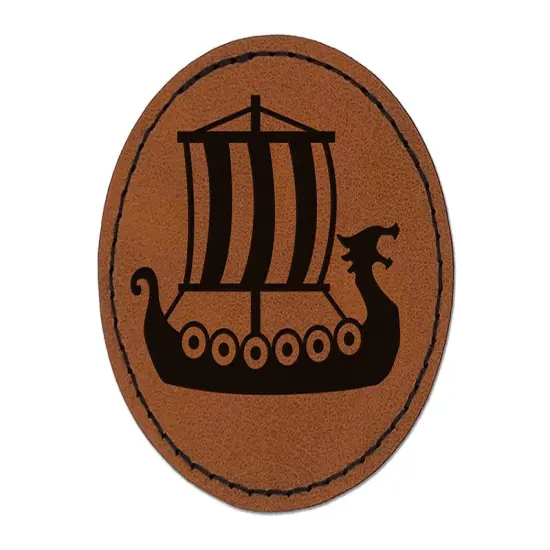 Viking Dragon Longship with Striped Sail Round Iron-On Engraved Faux Leather Patch Applique - 2.5" Brown {1}